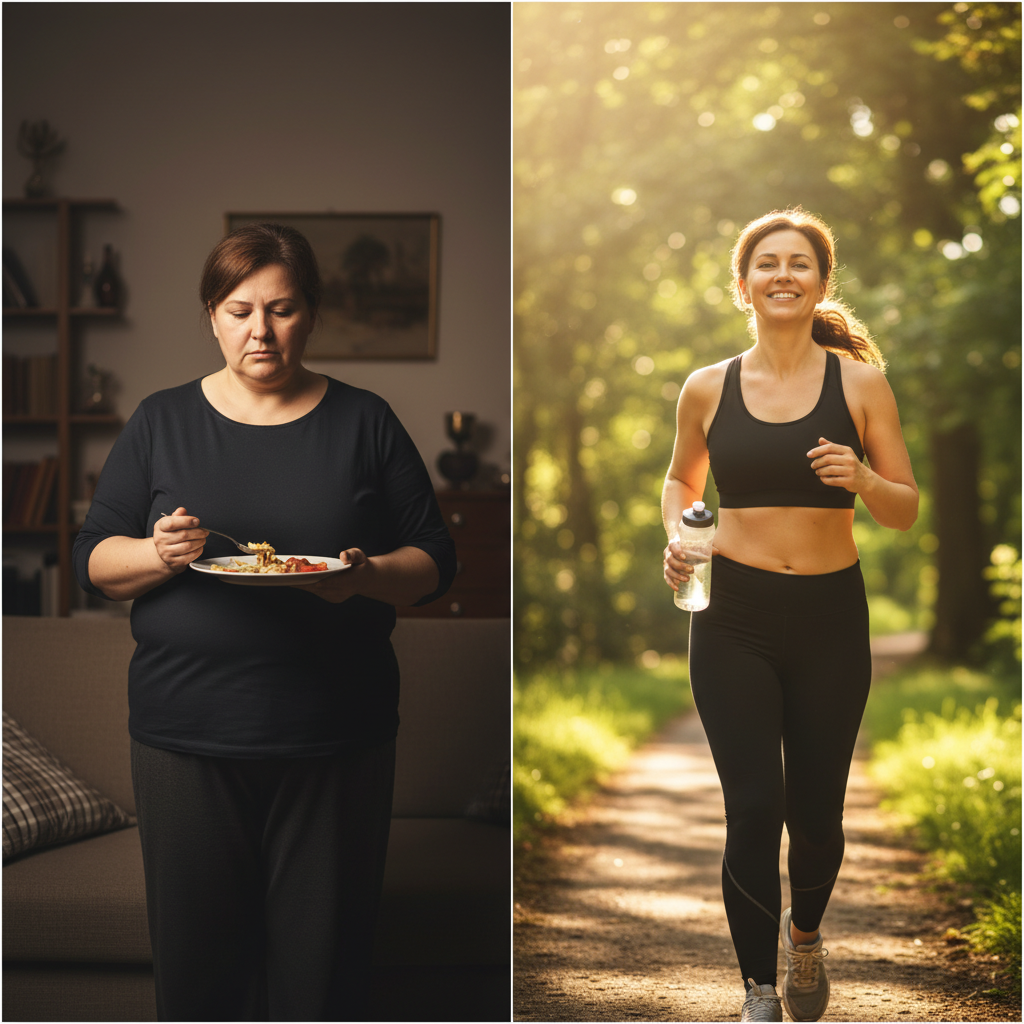 A split image showing a woman's journey to weight loss and improved health. On the left, a woman with diabetes is shown looking unhappy while eating a meal indoors. On the right, the same woman is seen smiling and jogging outdoors, holding a water bottle, having achieved significant weight loss.