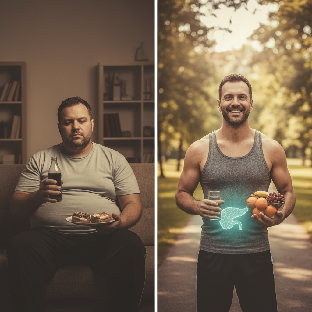 A split image showing a man before and after weight loss. On the left, an overweight man sits on a couch, eating donuts and drinking a sugary soda, representing a high sugar diet. On the right, the same man is now fit and smiling, holding a glass of water and a bowl of fruit, with a glowing outline of a pancreas superimposed over his abdomen, symbolizing healthy blood sugar regulation and weight loss.