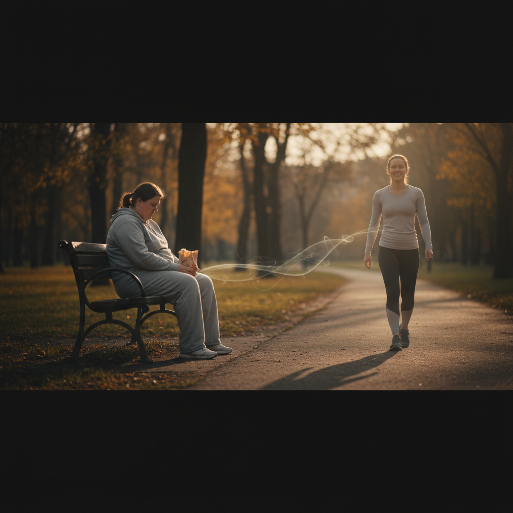 An artistic representation showing a heavier woman sitting on a park bench eating, with a glowing line connecting her to a fit woman walking confidently on a path. This image visually represents the journey many embark on with treatments like Zepbound and Ozempic, illustrating a transformation or the potential for a healthier lifestyle.