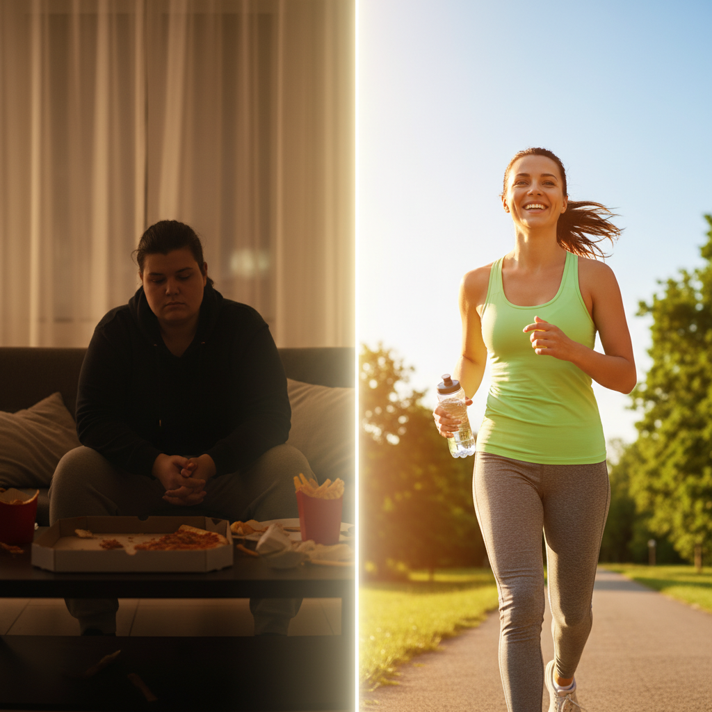 This image illustrates the transformative potential of bariatric surgery, comparing an individual's life before and after. On the left, a person is shown in a dimly lit indoor setting, appearing sedentary with fast food containers nearby, symbolizing a less active lifestyle often associated with severe obesity. On the right, the same person is depicted outdoors in bright daylight, actively jogging with a water bottle, embodying improved health and vitality. This visual contrast effectively highlights the significant lifestyle changes and health benefits that can result from bariatric procedures like Roux-en-Y vs Duodenal Switch, which are discussed in the article "Choosing between Roux-en-Y Gastric Bypass (RNYGB) vs Duodenal Switch (DS)."