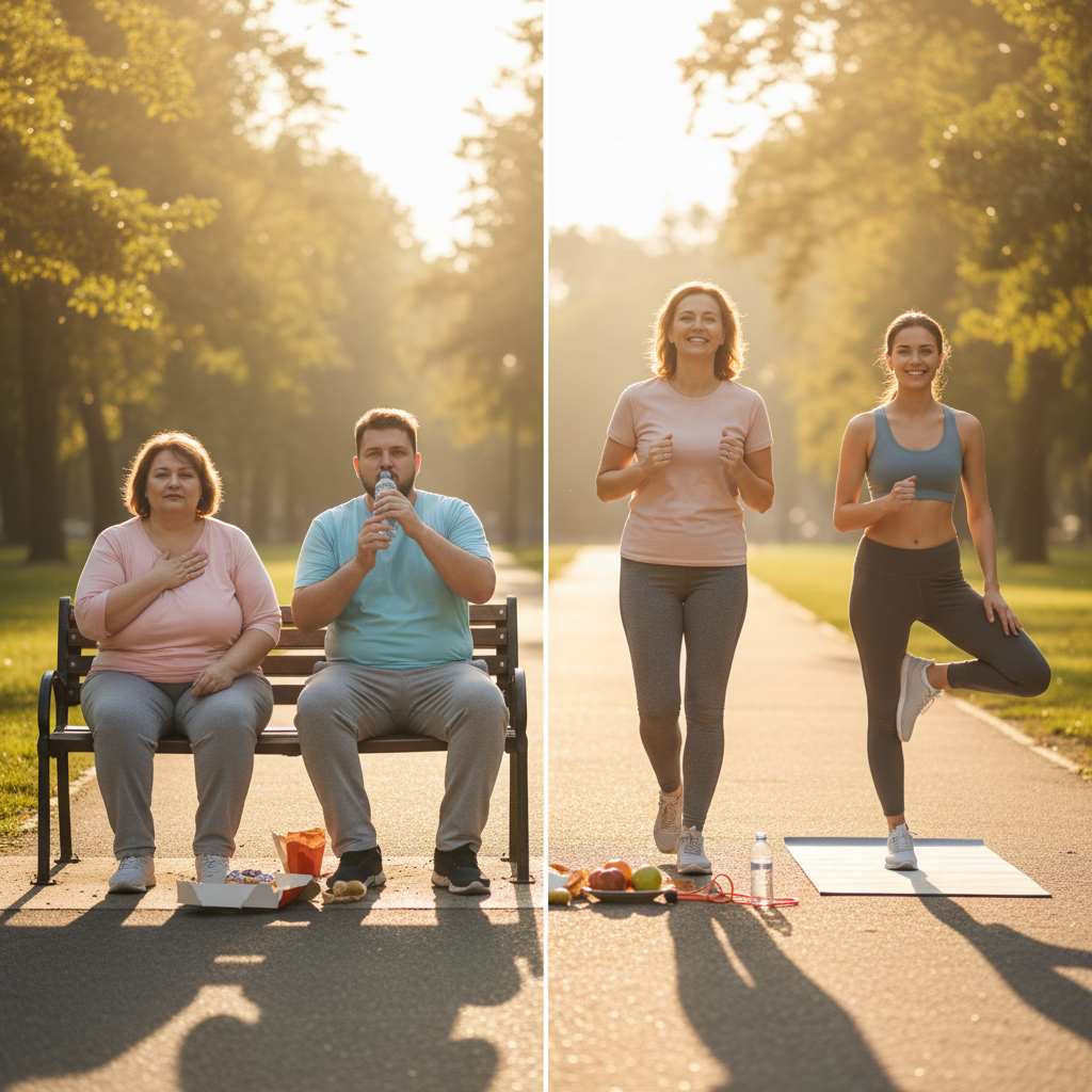 A split image shows two contrasting scenes in a park. The left side depicts an overweight man and woman sitting on a bench, surrounded by unhealthy food and drinks. The right side shows two fit women exercising outdoors, with healthy food and workout gear nearby. This image illustrates the potential journey towards a healthier lifestyle, often associated with treatments like Tirzepatide.