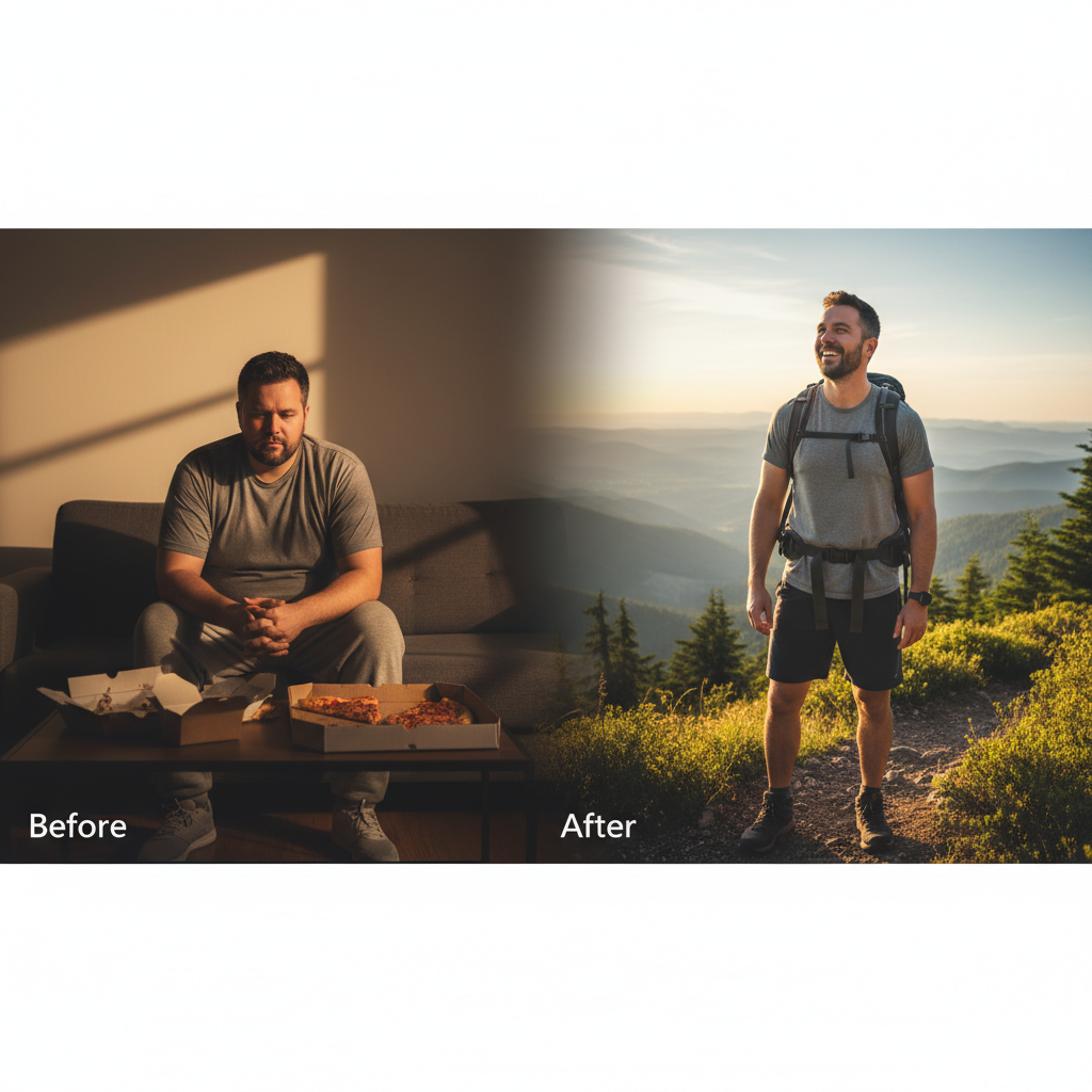 Before and after comparison of a man's journey with Roux-en-Y Gastric Bypass. On the left, a man sits unhappily on a couch with pizza boxes, symbolizing his "before" state. On the right, the same man, now looking fit and happy, is hiking in a scenic mountain landscape, representing his "after" state.