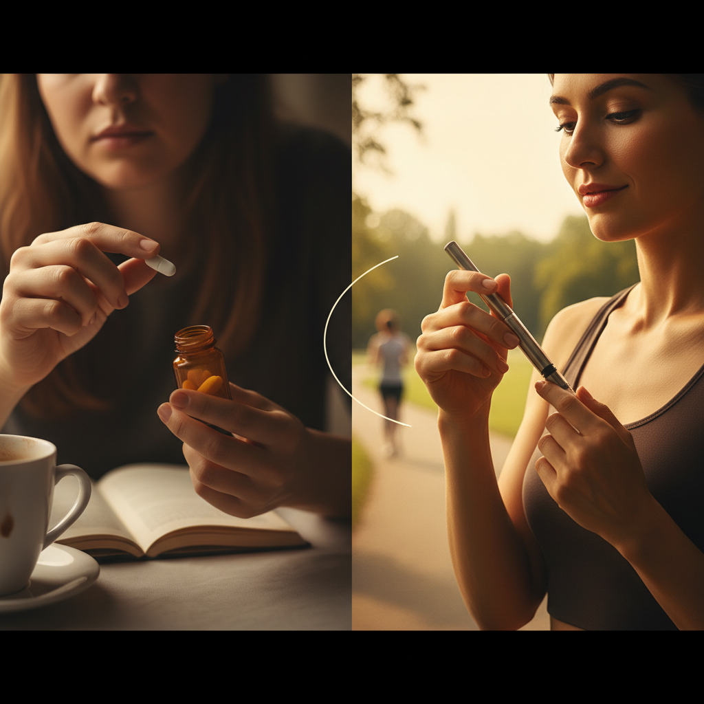 Two split images show a woman taking a pill and another woman preparing an injectable pen, representing the oral vs. injectable forms of semaglutide.