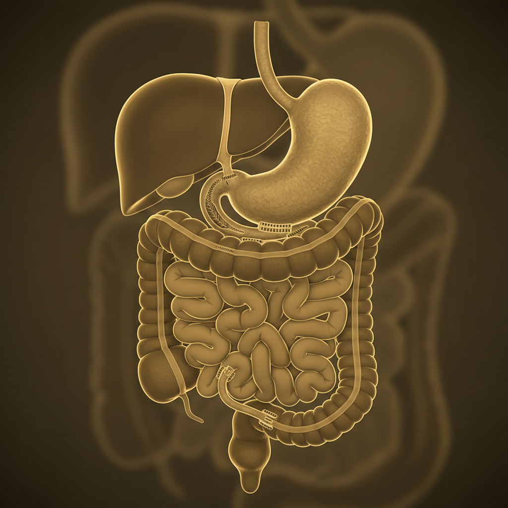 X-ray image of the upper abdomen showing the stomach, liver, and intestines, with surgical staples visible where an anastomosis has been performed as part of a Roux-en-Y gastric bypass procedure.
