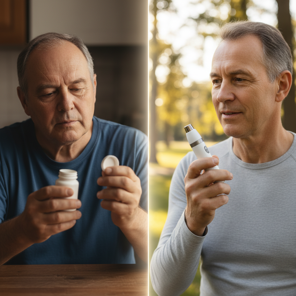 Split image. Left: A man in a blue shirt sits at a table, looking at a bottle of oral Tirzepatide. Right: A man in a grey long-sleeved shirt stands outdoors, holding an injectable Tirzepatide pen.