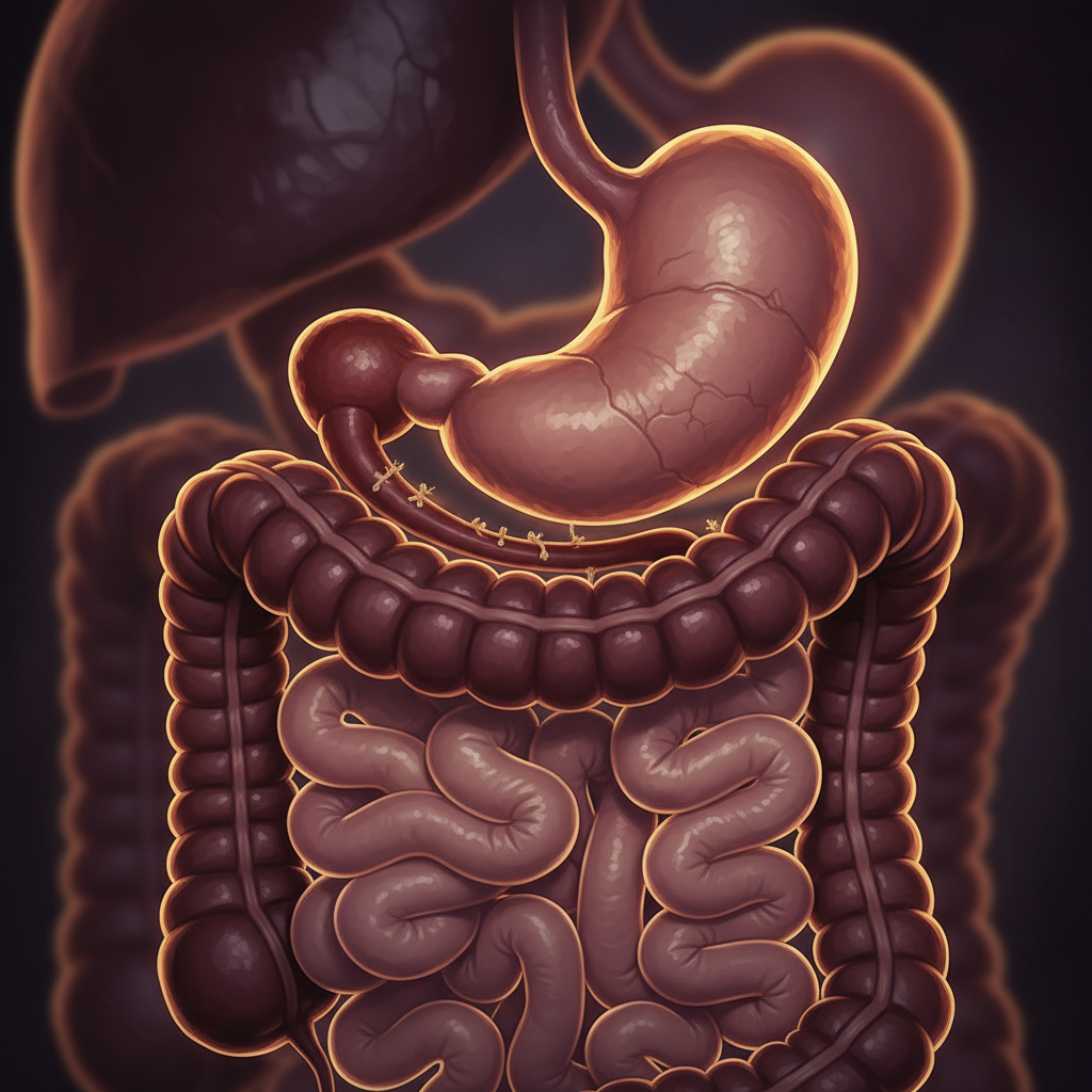 An illustration depicting the human upper digestive system, specifically demonstrating the surgical alteration known as Roux-en-Y gastric bypass. The stomach, intestines, and liver are visible. The small intestine has been re-routed, with a section connected to the upper part of the stomach, bypassing a significant portion of both the stomach and the duodenum, characteristic of a Roux-en-Y gastric bypass.