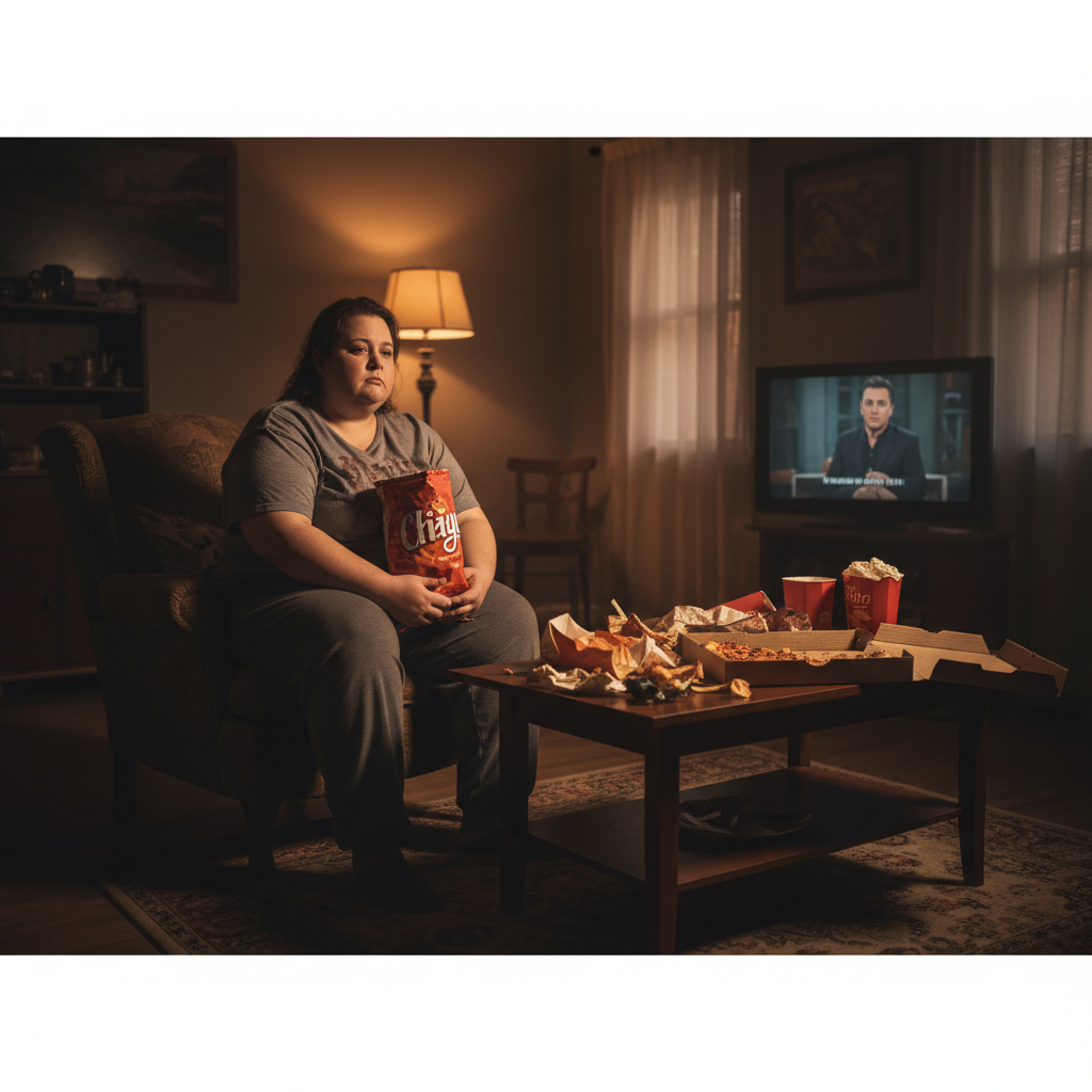 A woman sits alone in a dimly lit room, holding a bag of chips. She appears sad and is surrounded by empty fast-food containers and pizza boxes on a coffee table, while a television plays in the background. This image illustrates the potential challenges addressed by treatments like semaglutide.
