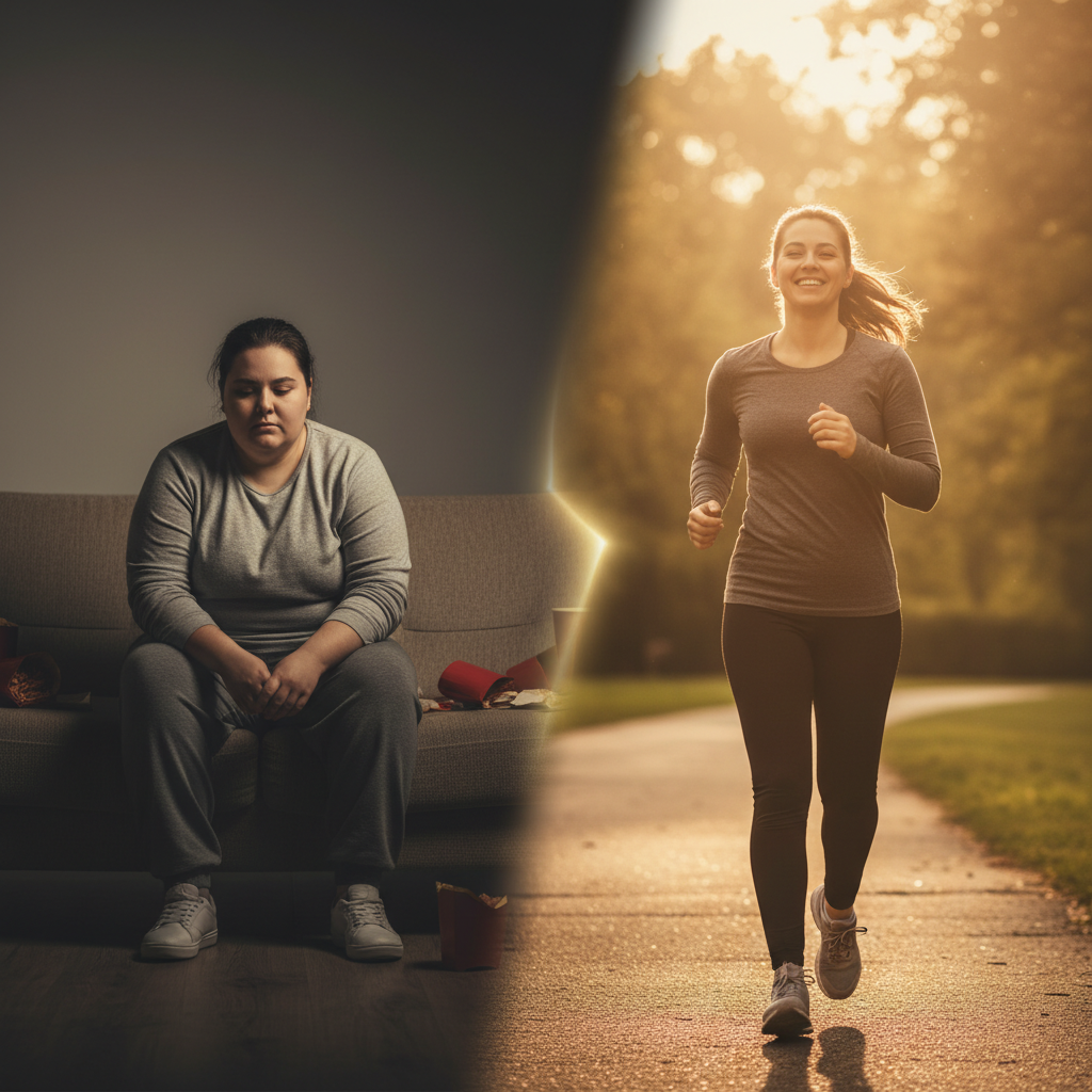 A split image shows a before and after comparison related to bariatric surgery. On the left, a person with obesity sits on a couch, appearing unhappy, with snack food wrappers around them. On the right, a person with a healthy weight is happily jogging outdoors in the sunlight.