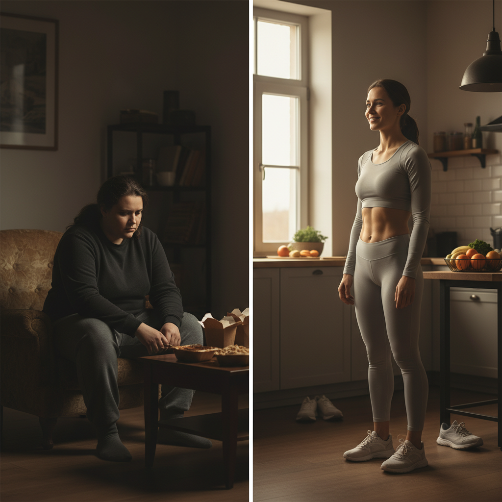 This split image illustrates the transformative effects often associated with effective weight management, such as with semaglutide. On the left, a person is shown in a dimly lit setting, appearing despondent while surrounded by takeout food, symbolizing struggles with weight. On the right, the same person is depicted looking fit, confident, and healthy in a well-lit kitchen, embodying the positive outcomes of a successful weight loss journey.