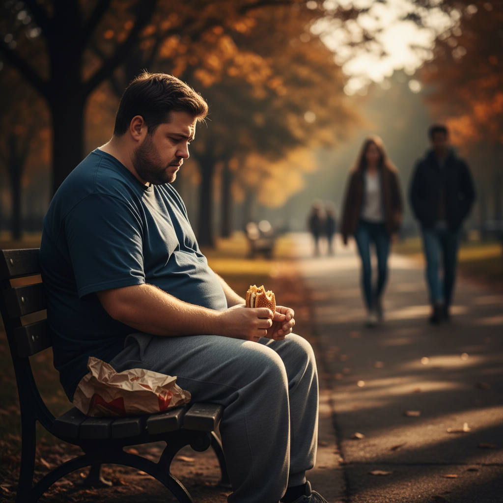 A man sits on a park bench, looking down at the sandwich in his hands. He appears to be overweight, and there's a fast-food bag next to him on the bench. In the background, two blurred figures walk along a path lined with autumn trees. The image illustrates themes related to weight and could be used to accompany an article on bariatric surgery.