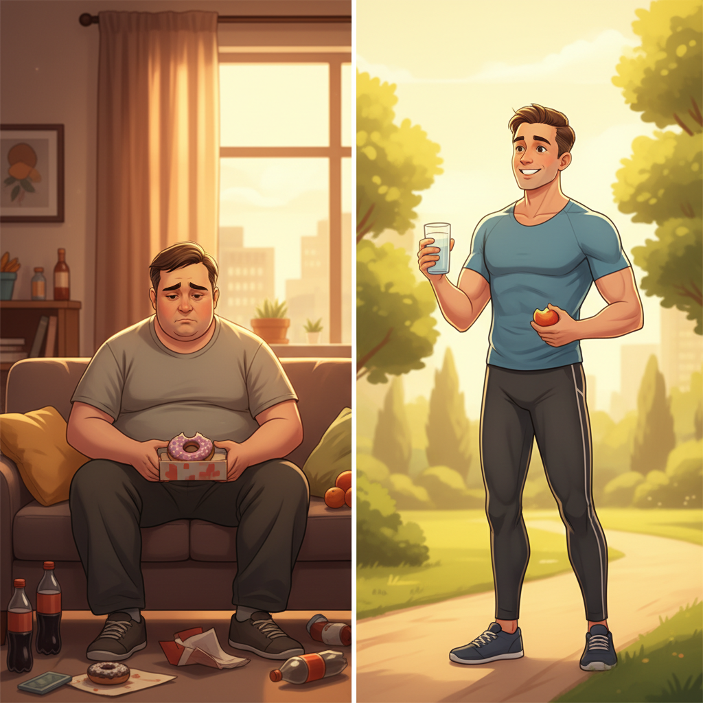 A split image shows the transformation of a man's health before and after using Tirzepatide. On the left, an overweight man sits on a couch, eating donuts in a messy room. On the right, the same man, now fit and healthy, stands in a park, holding an apple and a glass of water.