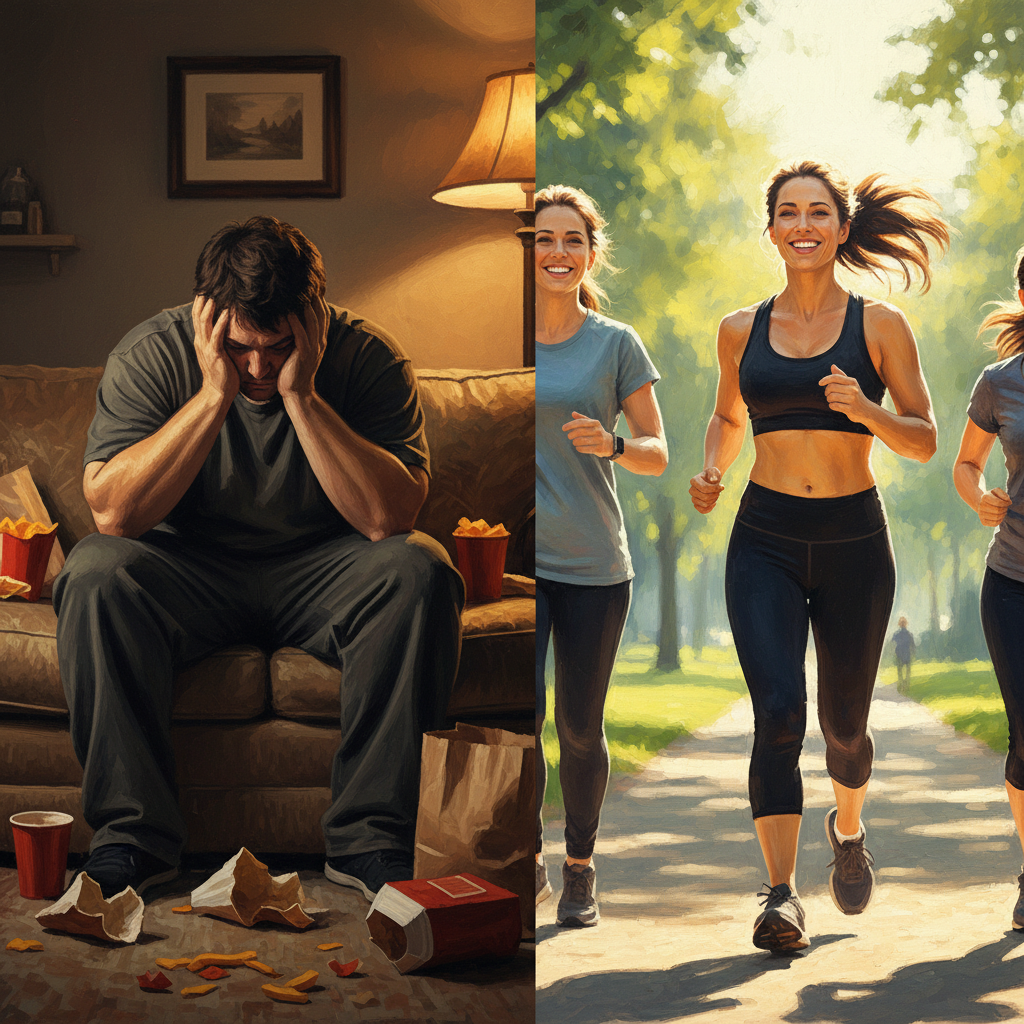 Split image. Left: A dejected man sits on a couch surrounded by fast food debris, illustrating pre-bariatric surgery struggles. Right: Three active women jog outdoors, representing the positive outcomes of bariatric surgery.