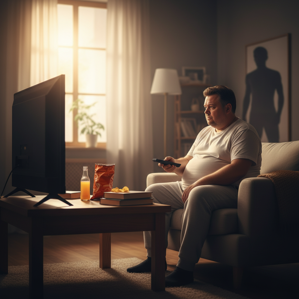 A man of larger build sits on a couch in a dimly lit living room, holding a TV remote and looking towards the television. On a coffee table in front of him are snacks and a drink. The setting suggests a casual, relaxed atmosphere, relevant to discussions around lifestyle and health, possibly in the context of Tirzepatide.