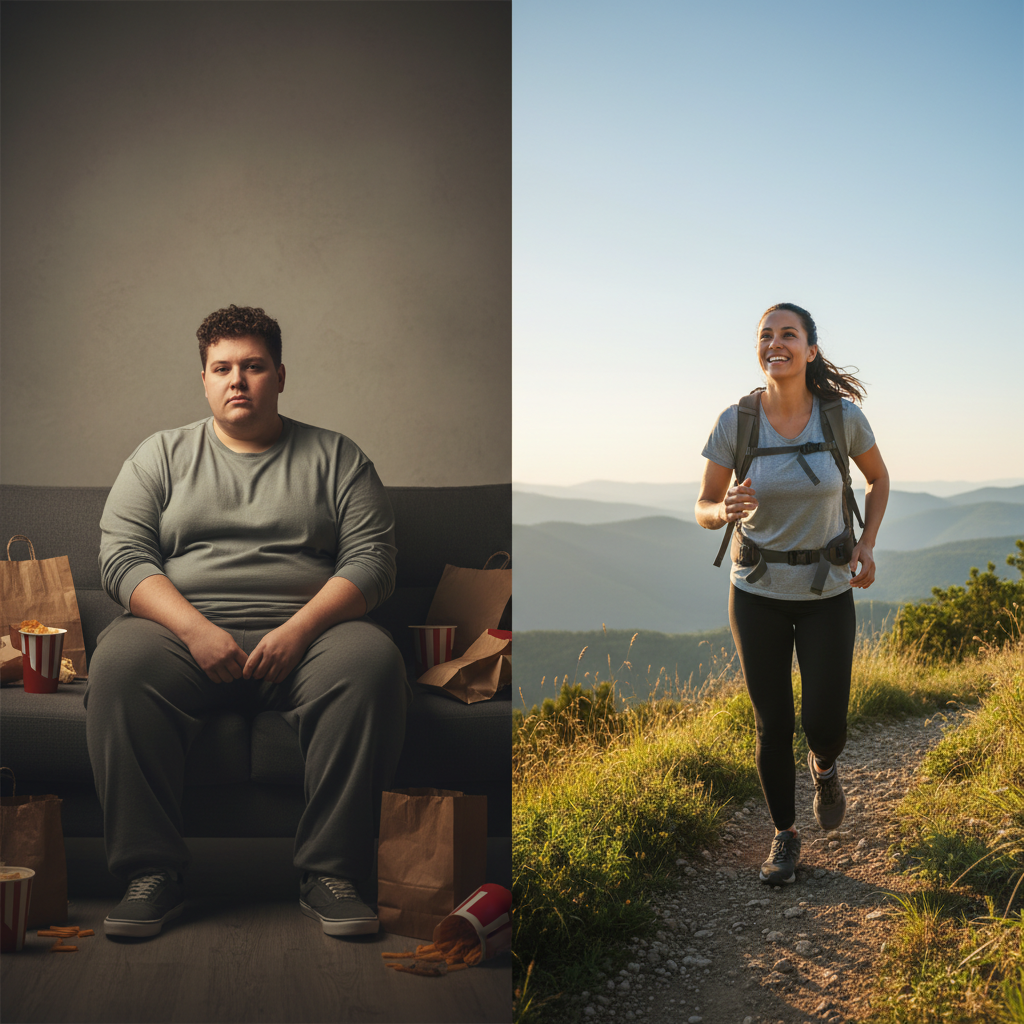 "Before and after bariatric surgery. On the left, a person sits on a couch surrounded by fast food packaging, representing an inactive lifestyle. On the right, a person with a fit physique is trail running in a mountainous landscape, symbolizing improved health and activity after bariatric surgery."