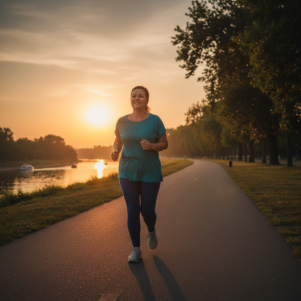 A smiling, middle-aged woman is jogging on a paved path alongside a river at sunset, enjoying the peaceful outdoor environment as part of her weight loss journey.