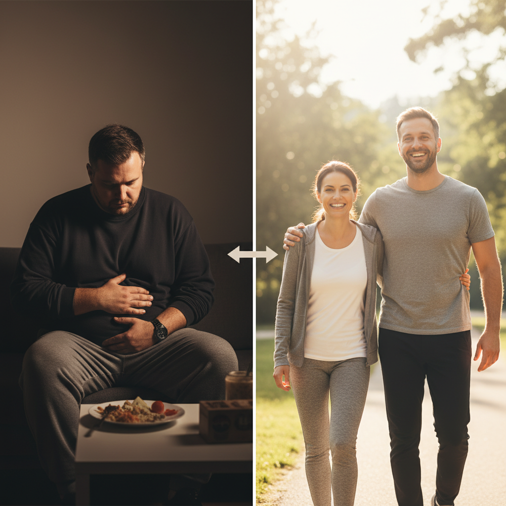 A split image showing a man with obesity sitting on a couch with a plate of food on the left, and a happy, fit couple walking outdoors on the right, illustrating the potential effects of bariatric surgery.