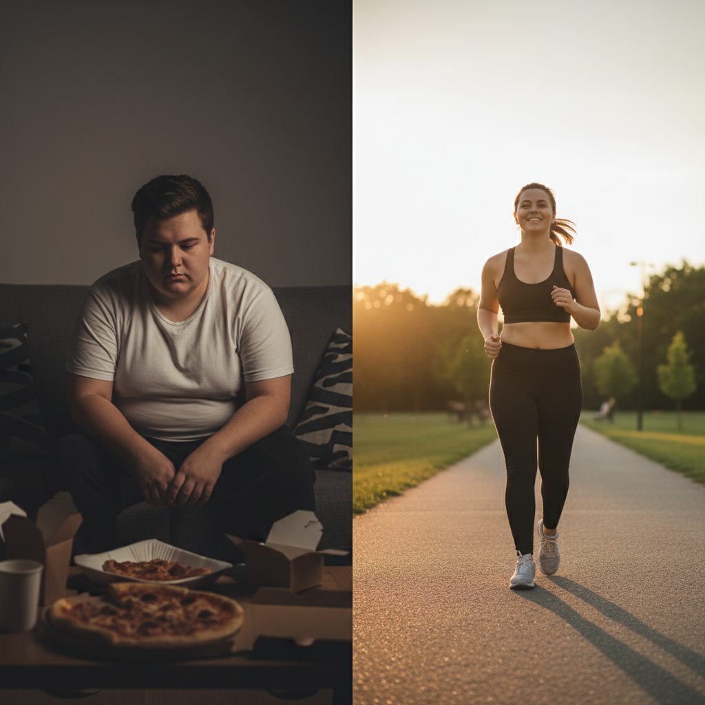 Split image of a person before and after weight loss. On the left, an overweight person sits on a couch with takeout food, looking sad. On the right, a fit person runs outdoors at sunset, smiling. This image illustrates the benefits of weight loss.