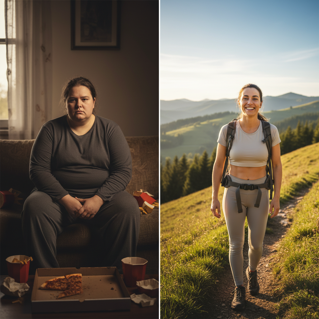 A split image shows the before and after effects of bariatric surgery. On the left, a person who is overweight sits on a couch surrounded by fast food containers, looking despondent. On the right, a person with a healthy weight is hiking in a sunny, mountainous landscape, smiling confidently.