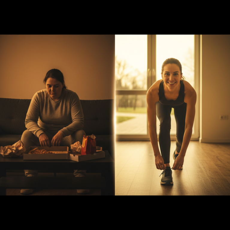 A split image shows a woman before and after semaglutide use. On the left, a woman in sweatpants sits on a couch with pizza boxes and wrappers, looking dejected. On the right, the same woman, now in athletic wear, ties her shoe with a confident smile, ready to exercise by a bright window.