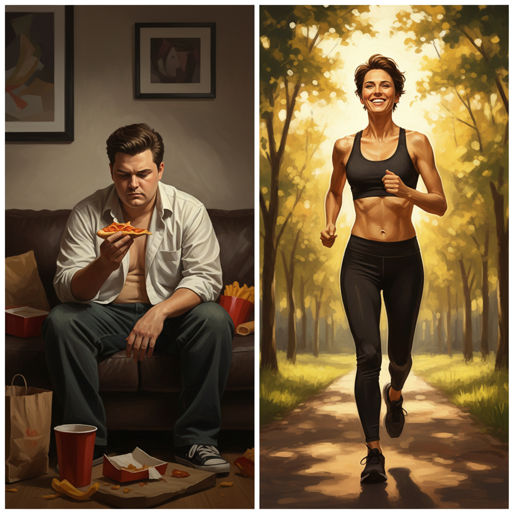A diptych contrasting unhealthy and healthy lifestyles in the context of Roux-en-Y gastric bypass. The left image shows an overweight man sitting on a couch, eating pizza with fast food containers around him. The right image depicts a fit woman jogging on a tree-lined path.