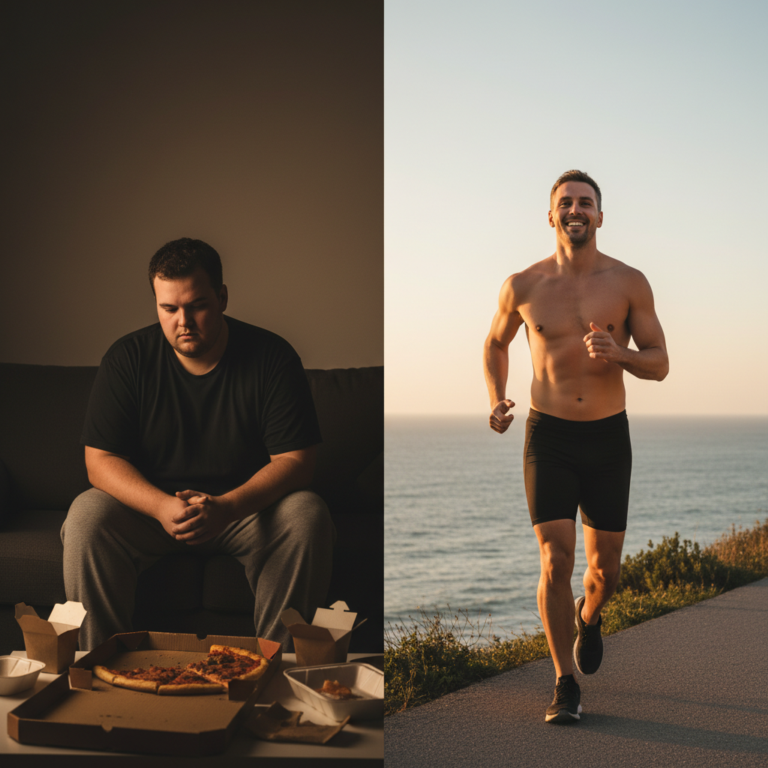 Before and after split image of a man's weight loss journey, showcasing the benefits of Zepbound. The left side depicts an overweight man sitting on a couch with pizza boxes, looking sad. The right side shows the same man, now fit and happy, jogging shirtless by the ocean at sunset.