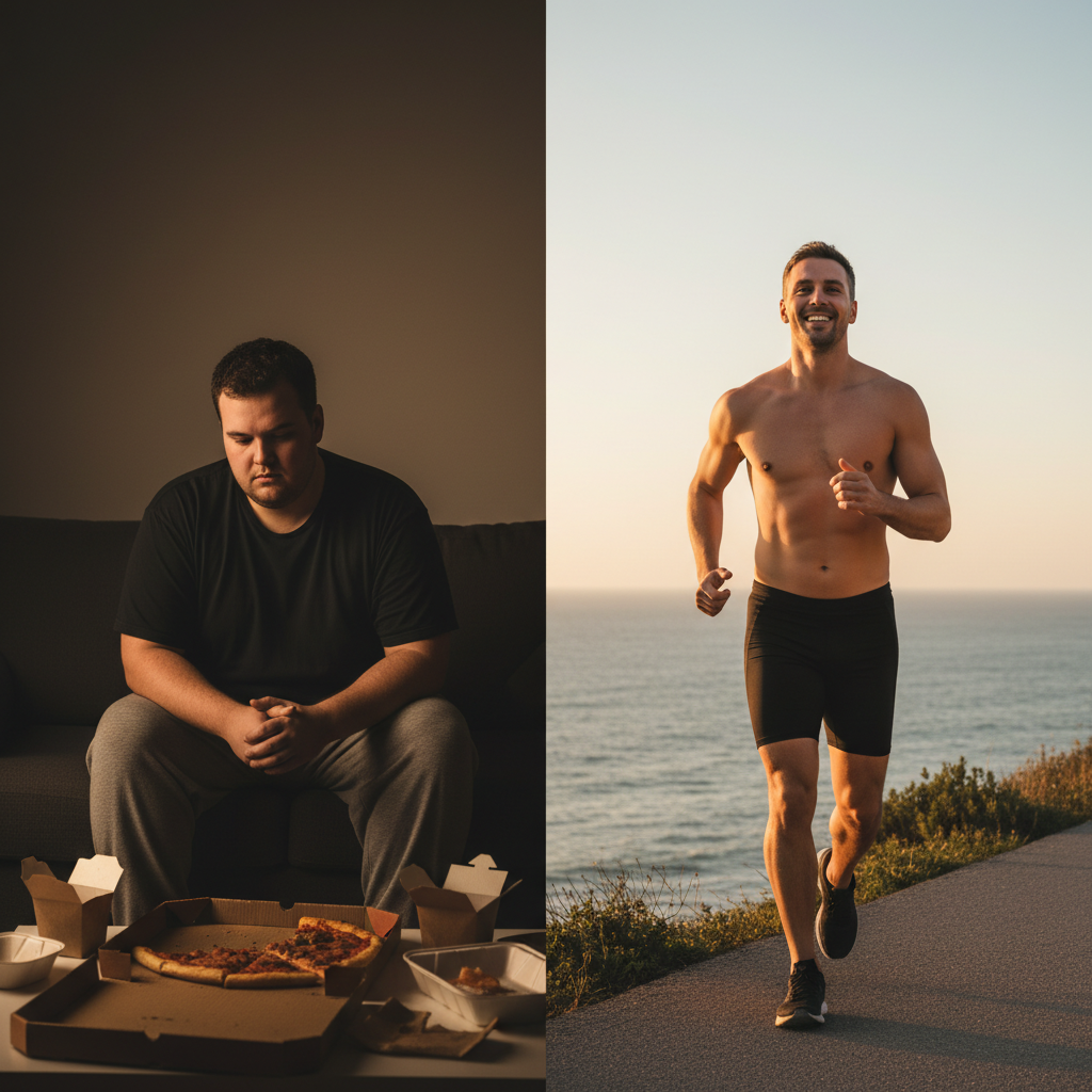 Before and after split image of a man's weight loss journey, showcasing the benefits of Zepbound. The left side depicts an overweight man sitting on a couch with pizza boxes, looking sad. The right side shows the same man, now fit and happy, jogging shirtless by the ocean at sunset.