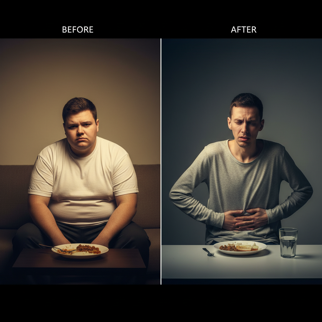 A split image. The left side, labeled "BEFORE", shows an overweight man sitting on a sofa with a plate of food in front of him, looking sad. The right side, labeled "AFTER", shows a thin man holding his stomach in discomfort, sitting at a table with a half-eaten plate of food and a glass of water, illustrating complications.