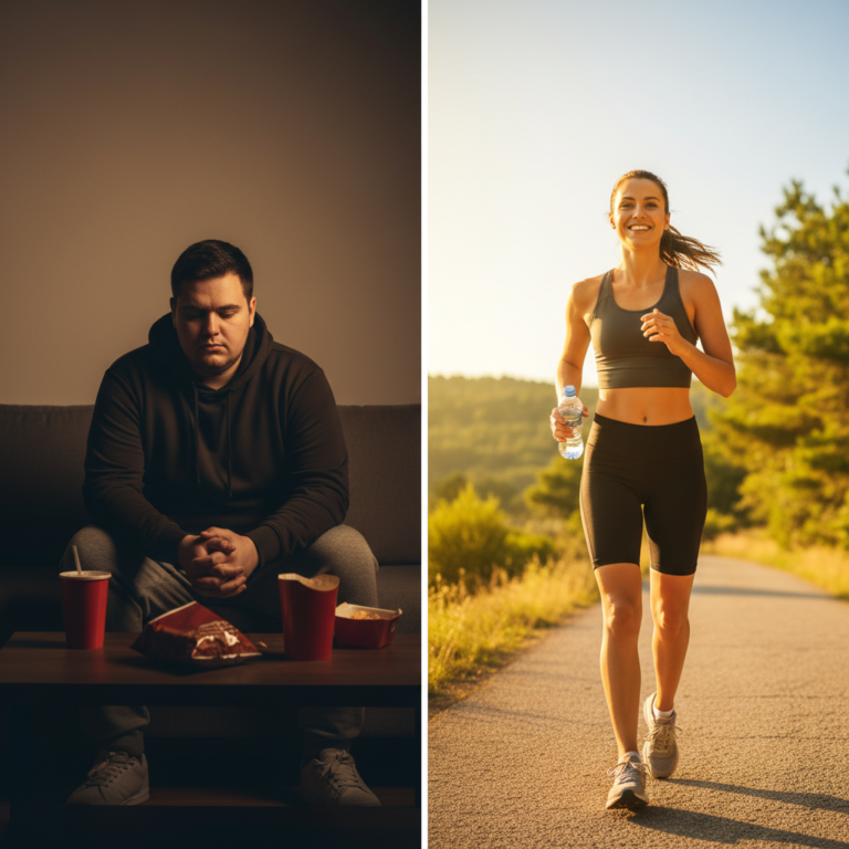 A side-by-side comparison shows a man looking sad while sitting on a couch with fast food, and a woman looking happy while running outdoors with a water bottle.