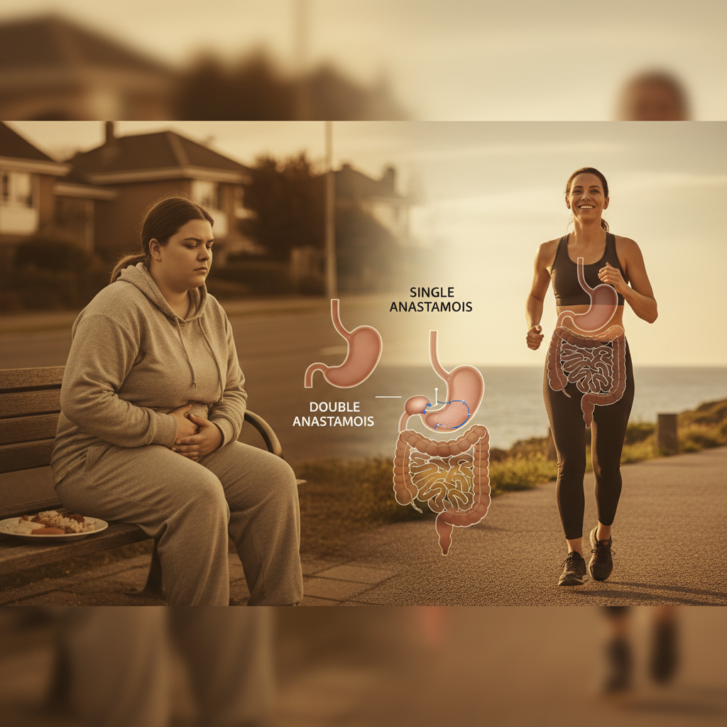 A split image comparing two women and diagrams of the human digestive system. On the left, a woman sits on a bench, looking distressed and holding her stomach, with a plate of food beside her. The background shows houses and trees under a warm light. On the right, a woman is happily jogging along a coastal path, with the ocean in the background. Overlaid on the image are two diagrams illustrating the "Single Anastomosis Duodenal Switch" and "Double Anastomosis Duodenal Switch" procedures, showing the rerouting of the stomach and intestines.