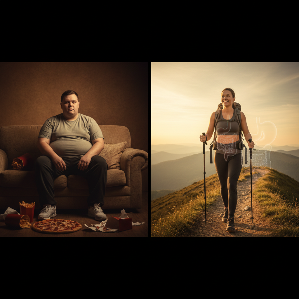 A split image shows a man on the left sitting on a couch surrounded by fast food, representing unhealthy habits and obesity. On the right, a woman hikes in the mountains with an overlay of the digestive system, illustrating health and activity. This image relates to Duodenal Switch surgery.