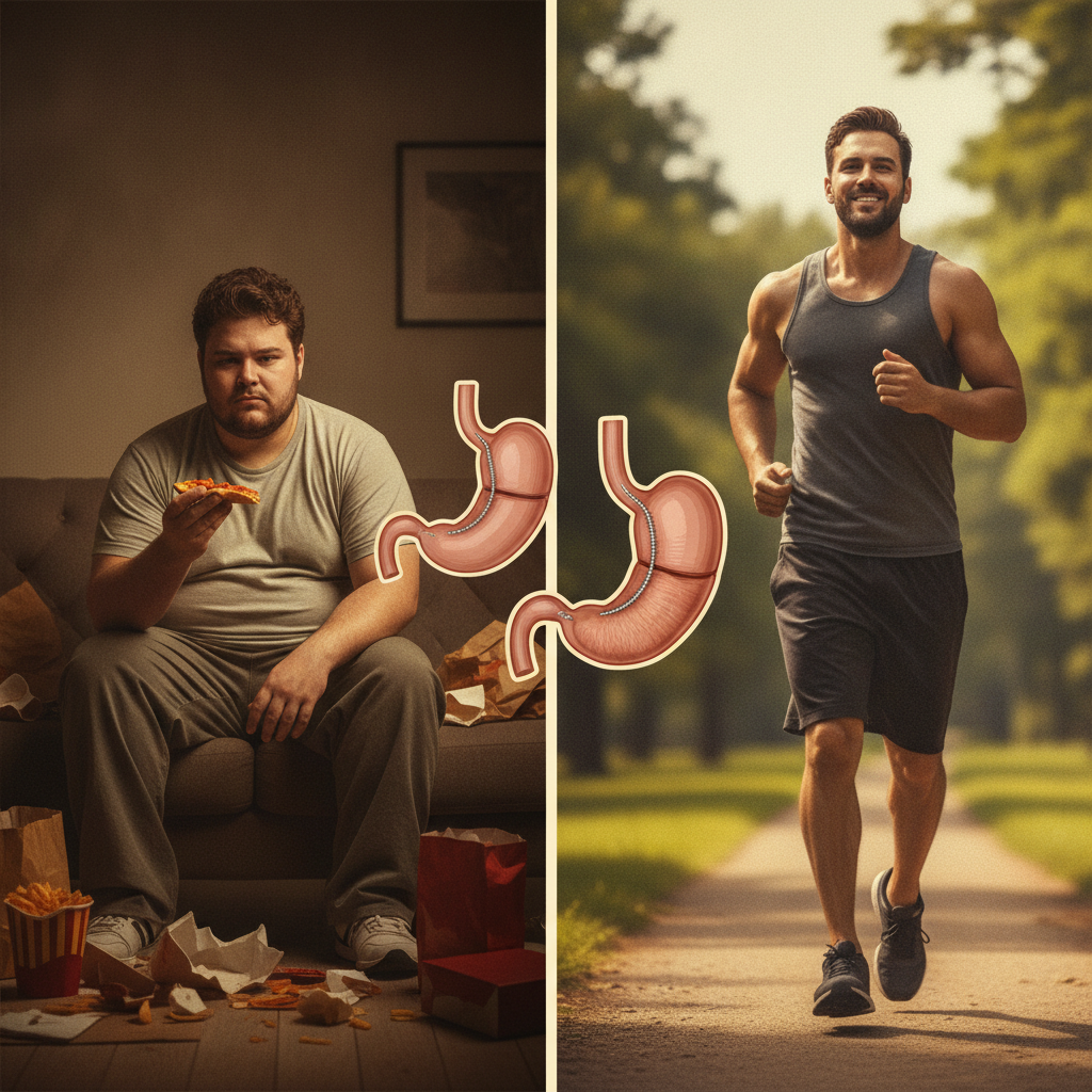 This image shows a comparison between an overweight man before gastric surgery and a fit man after. On the left, an overweight man sits on a couch surrounded by junk food, eating pizza. On the right, a fit man runs outdoors on a tree-lined path. Both sides of the image feature an anatomical illustration of a stomach, with the stomach on the right showing a smaller, sleeved shape.