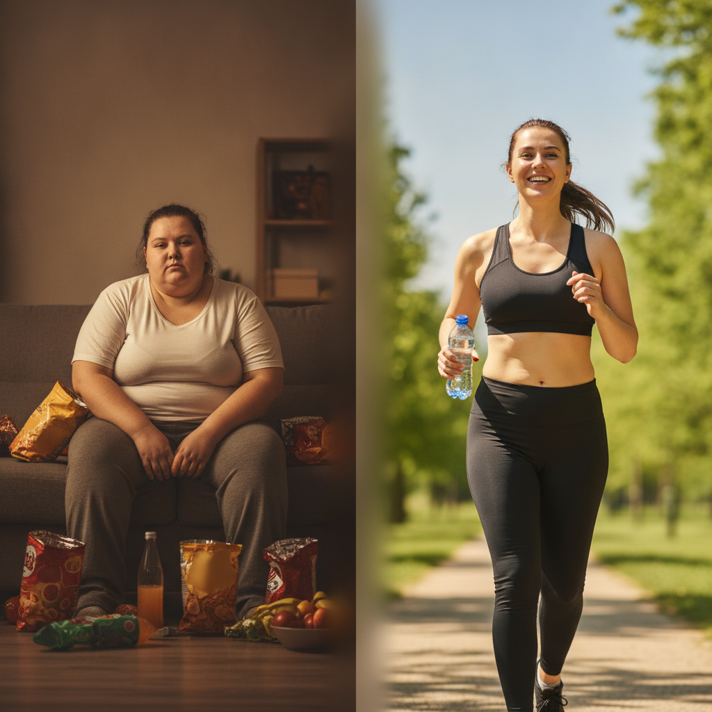 The image shows a split screen. On the left, an overweight woman sits on a couch surrounded by junk food, looking unhappy. On the right, a fit woman is happily jogging outdoors, holding a water bottle. This image illustrates a before-and-after transformation, relevant to gastric surgery recovery.