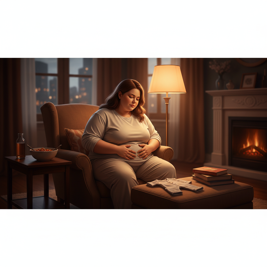 A pregnant woman sitting in a chair, holding her belly, with baby clothes on a footrest beside her. The image accompanies an article about Duodenal Switch and Pregnancy.