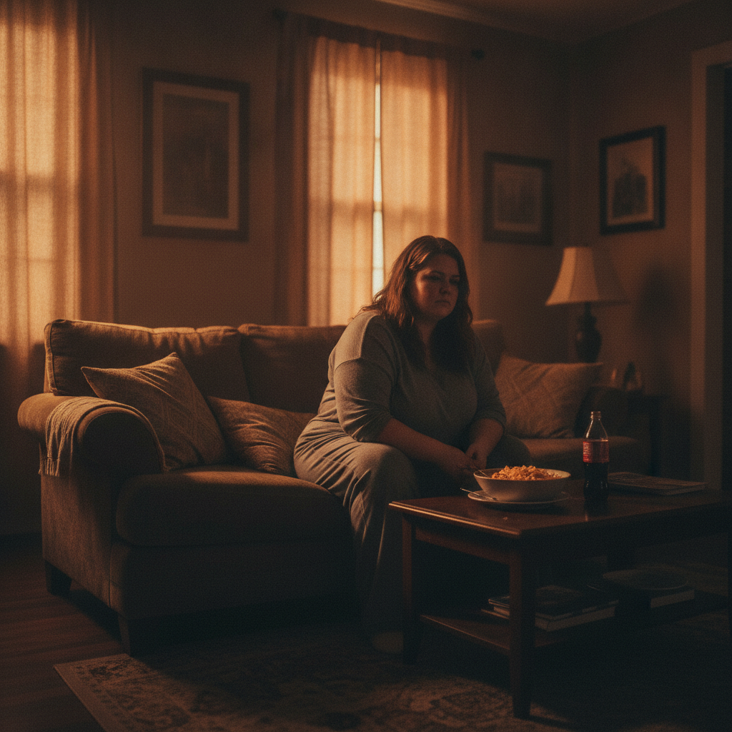 A lonely woman sits on a couch in a dimly lit room, illuminated by the warm glow of a window on the left. She's dressed in comfortable loungewear, staring blankly ahead. On the coffee table in front of her is a bowl of popcorn and a bottle of soda. This image could represent a moment of reflection or perhaps the emotional challenges someone might face before or after **Bariatric Surgery**.