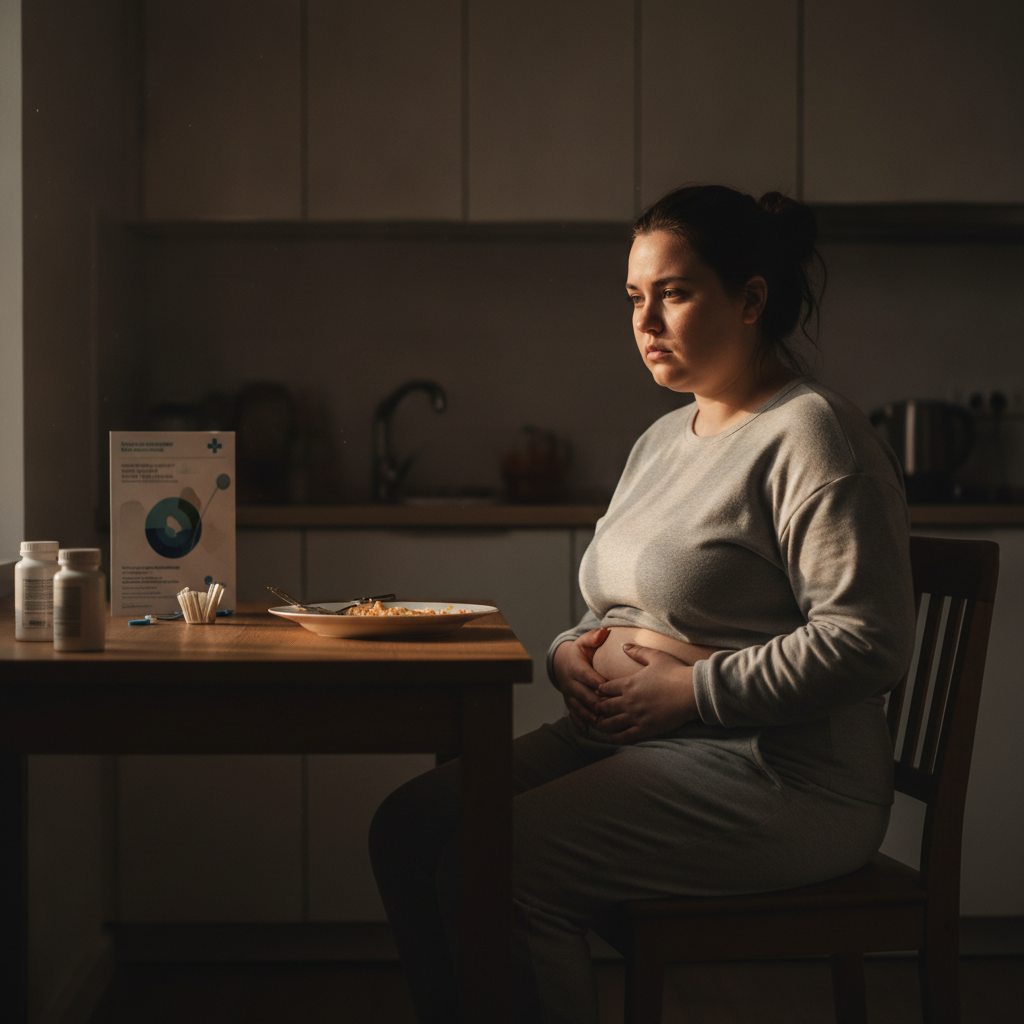 A woman with PCOS sits at a table, looking distressed and holding her abdomen, with bariatric surgery medications and a plate of food in front of her.