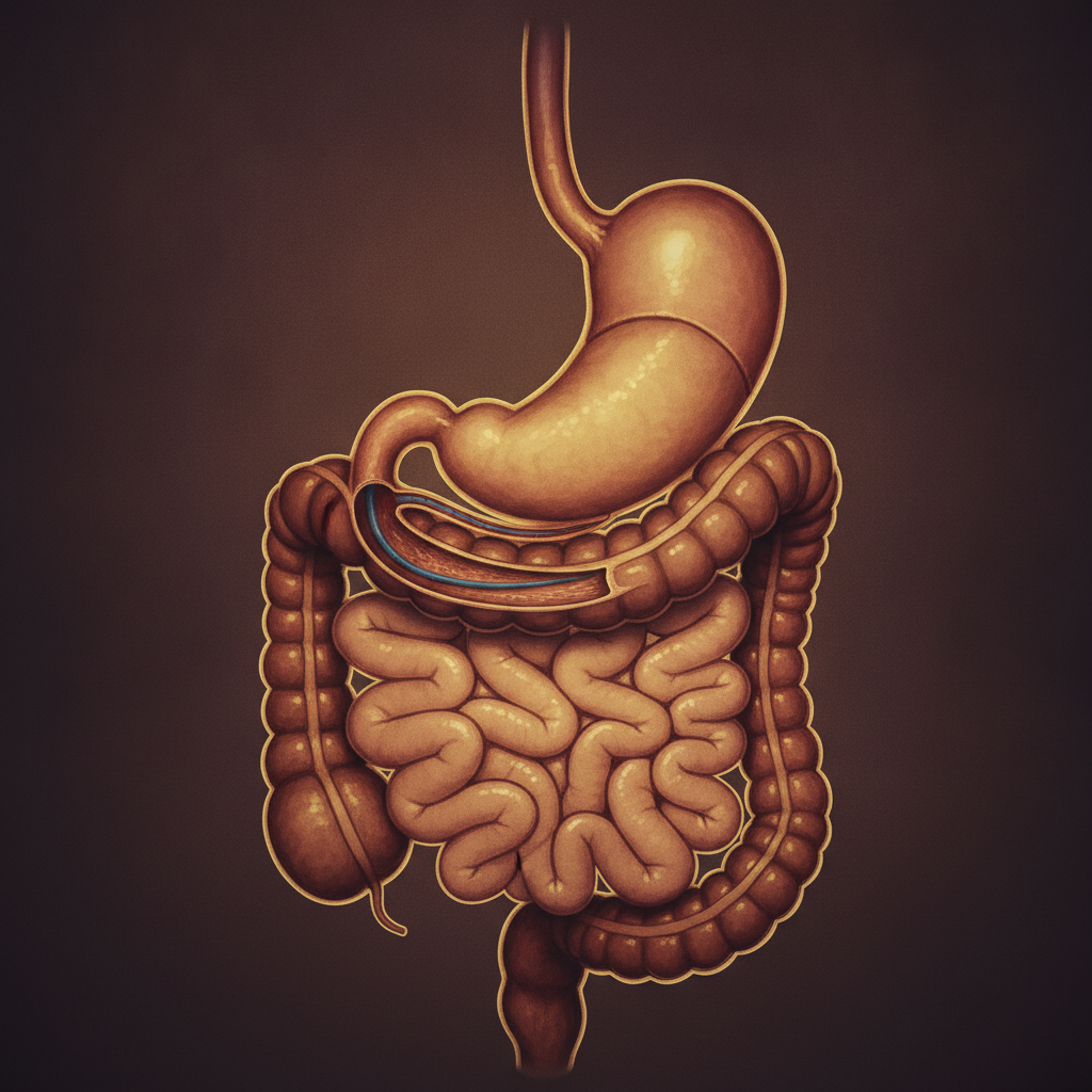 An illustration depicting the human digestive system, highlighting the stomach, small intestine, and large intestine. A prominent blue line illustrates the pathway of a **Duodenal Switch** procedure, emphasizing the alteration in the digestive tract.